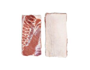 Pork belly, rindless, sheet-ribbed, without softbone. Approx Size: 23x50 cm