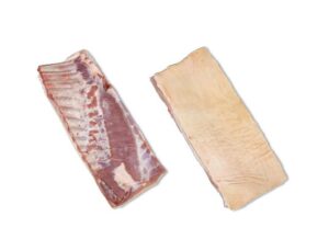 Pork belly, bone-in, rind on, with soft bone. Ex sternum. Approx size: 23x50 cm